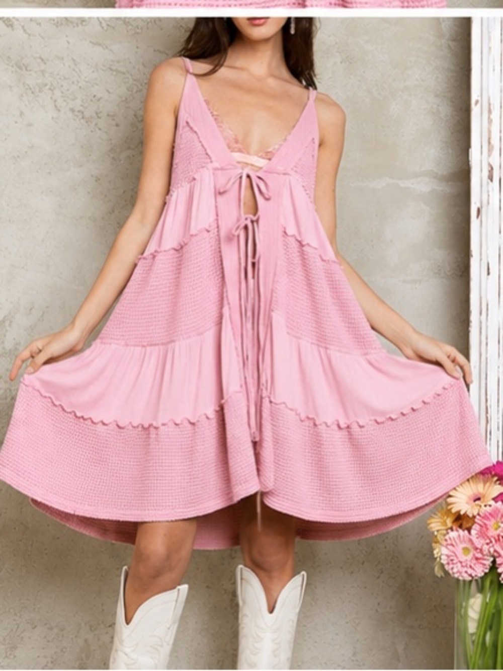 POL Waffle Tie Front Mini Dress - Picture 3 of 14
